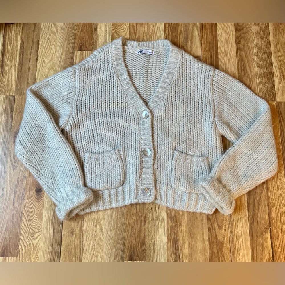 Zara Alpaca Wool Blend Cream Knit Women's Chunky Cardigan sweater size medium - Picture 2 of 4